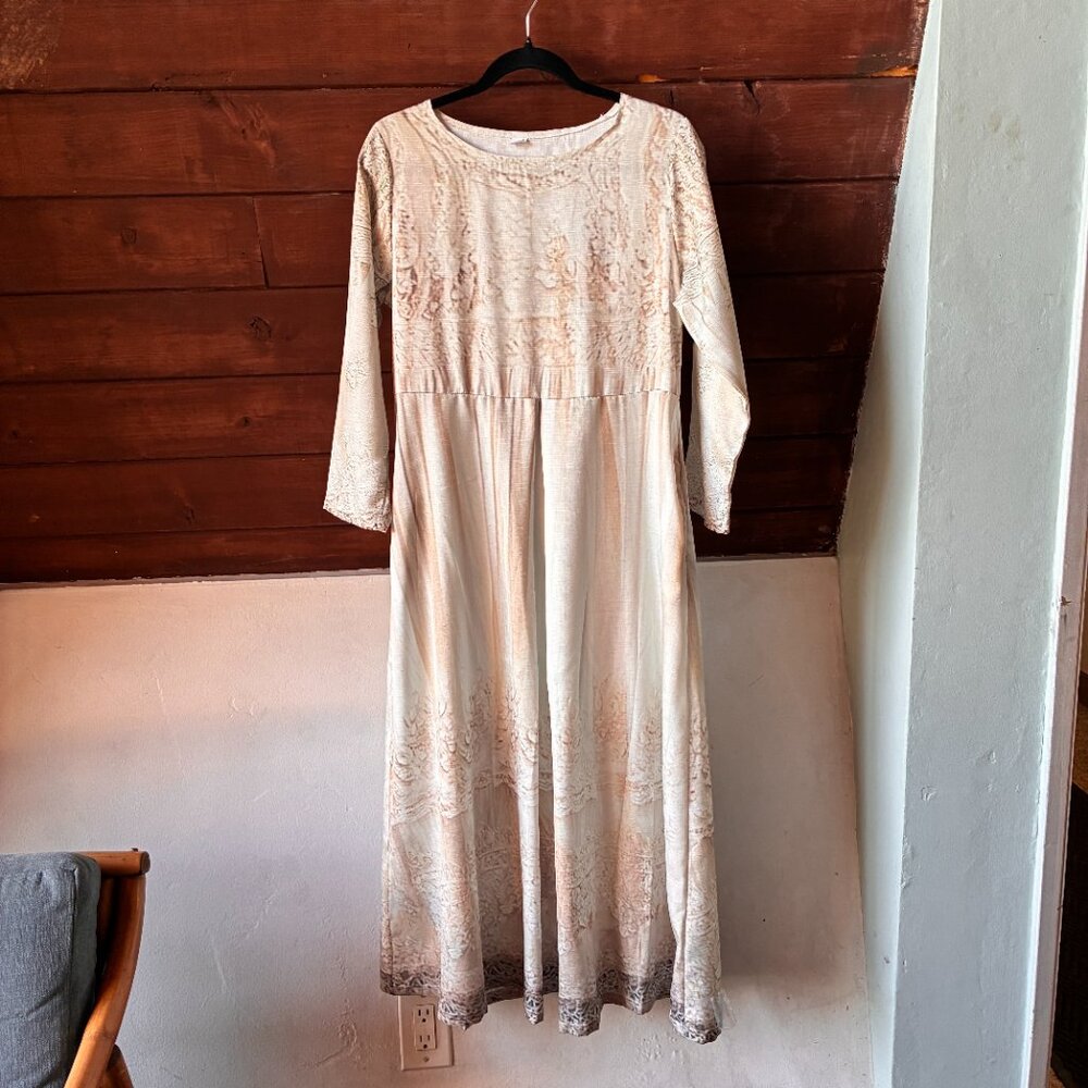 Cream Colored A-line Lace Look Long Sleeve Maxi Dress